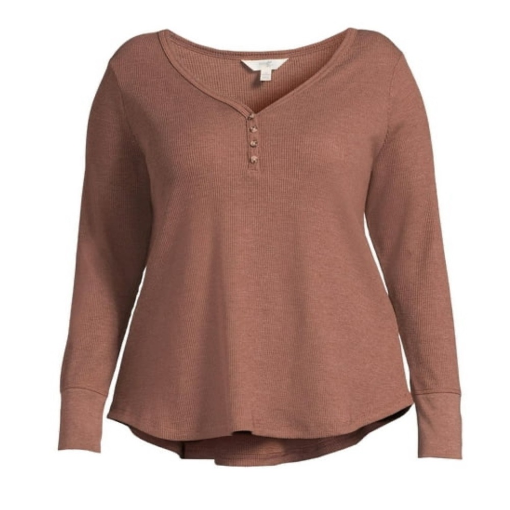 🆕Terra & Sky Women’s plus-size Brown long-sleeve Waffle-knit Henley Top❤️❤️3X - Picture 2 of 8